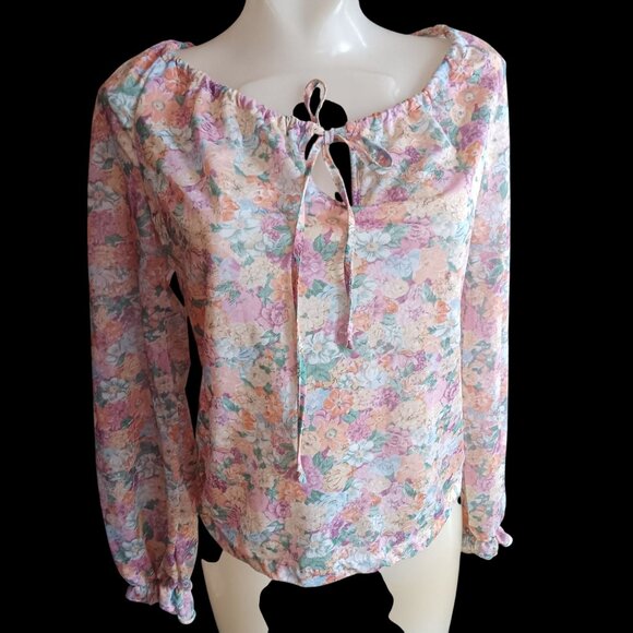 Vintage Women's Peasant Top Medium 1970's True Boho Sheer Floral Blouse Keyhole - Picture 1 of 8